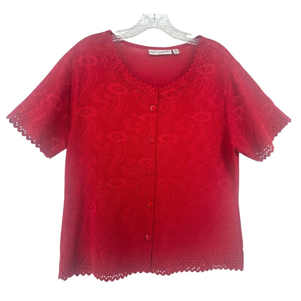 Rebecca Malone Petite Red Paisley Eyelet Scallop Short Sleeve Button Up Top PL